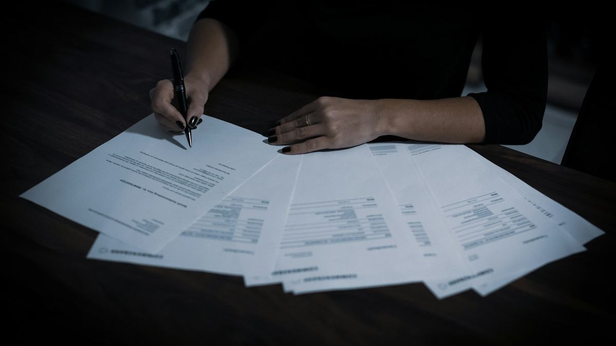 Mains remplissant des formulaires étalés sur une table sombre